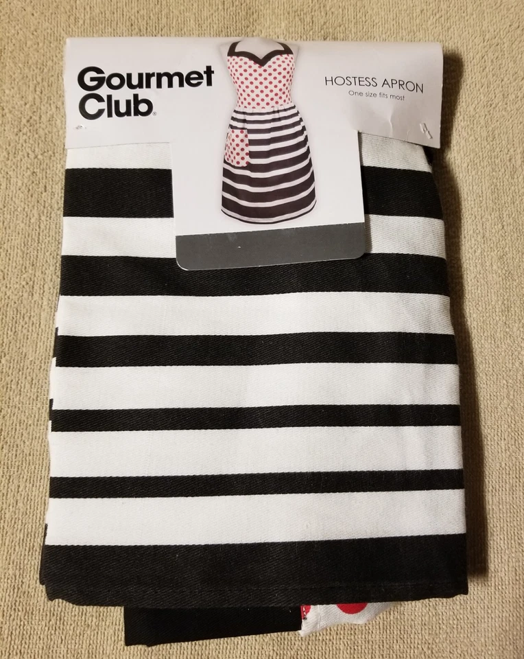 Gourmet Club Hostess Print Apron With Ruffle Black off White Maroon OSFM