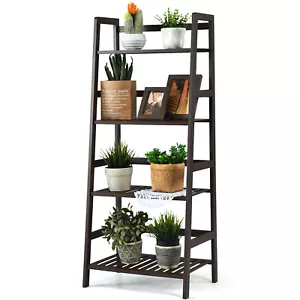 Costway 4-Tier Bamboo Ladder Shelf Plant Display Stand Rack Bookshelf Dark Brown - Picture 1 of 12