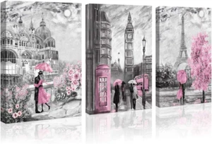 Paris Decor Canvas Wall Art for Living Room Girls Bedroom Pink Paris Theme Oil P - Picture 1 of 7
