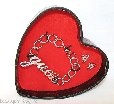 Nuovo GUESS Scatola Set Color Argento Logo Bracciale W/Strass +" G " Orecchini + - Immagine 1 di 3
