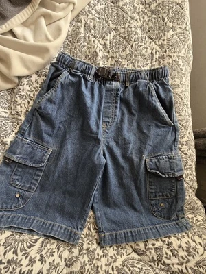 Boys Land End Size 14/16 Blue Denim Cargo Shorts Adjustable Built In Belt - Image 1 of 4