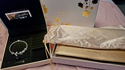 Pandora Set Armband 925 Silber 18.5cm Mit Charms Und Shine Clutch - Bild 1 von 4