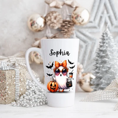 Taza de café personalizada Halloween Ghost Latte 17 oz, nombre personalizado taza de café calabaza regalo Foto 1 de 3