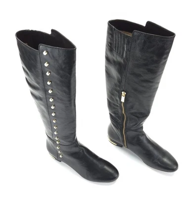 Botas planas altas hasta la rodilla Michael Kors Ailee negras doradas de cuero 8,5 M Foto 1 de 4