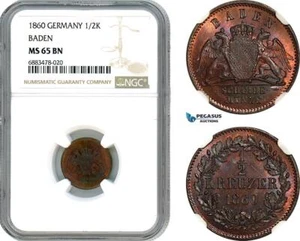 AJ585, Germany, Baden, Frederick I, 1/2 Kreuzer 1860, NGC MS65BN, Top Pop! - Picture 1 of 1