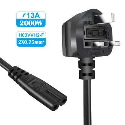 Power Cable Fig 8, C7 Mains Power Cord Lead UK Plug for Sony PS2 PS3 PS4 1.5m - Image 1 of 4