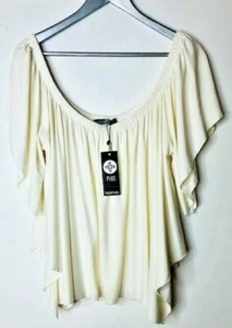 NWT BOOHOO OFF THE SHOULDERS BEIGE FLOWY BLOUSE SIZE 22 USA ASYMMETRICAL - Picture 1 of 9