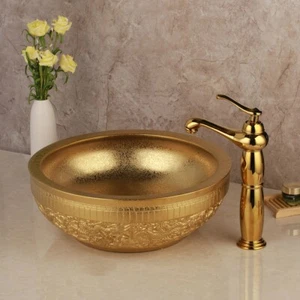 Baño dorado redondo color dorado arte lavabo lavabo cerámica mezclador - Imagen 1 de 7