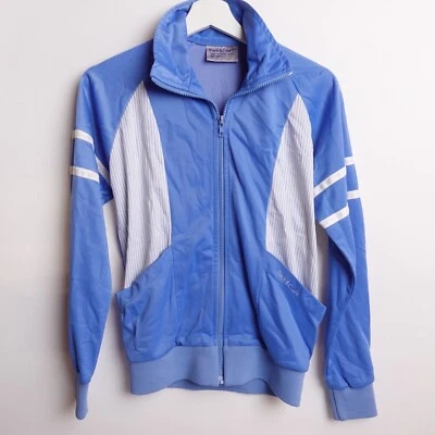 Chaqueta de chándal vintage años 70 80 Track & Court a rayas para mujer mediana blanca azul ribete Foto 1 de 4