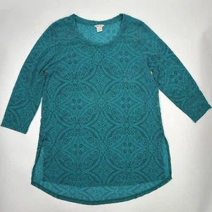 Ariat Tunic Top Womens Sz M Turquoise Velvet Burnout Sheer 3/4 Sleeve Crew Neck - Imagen 1 de 6