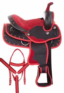 Red Synthetic Western Barrel Horse Saddle Full Tack Set In Size 10" - 18" - Picture 1 of 7
