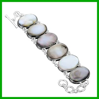 Pulsera Cadena Bisel Moda Boho Piedra Madreperla Negra Plata 925 Joyería Foto 1 de 4