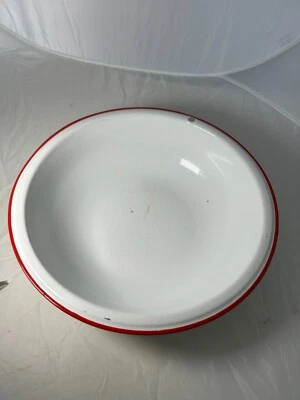 Vintage White Red Enamelware Wash Basin Round Bowl 12-5/8" Diameter - Image 1 of 4