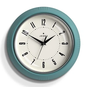Jones® - Ketchup Wall Clock - Teal Blue Round & Silver Bezel - 25cm Arabic Dial - Picture 1 of 4