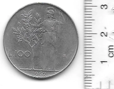 1962 Italy 100 Lire Minerva Olive Branch Circulated Ungraded Coin KM#96.1 - Image 1 of 2