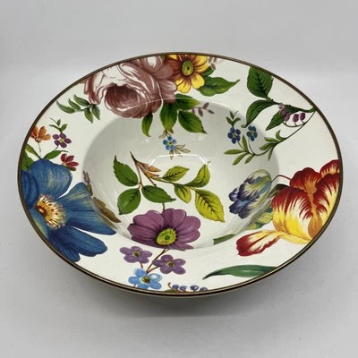 Белая сервировочная чаша MacKenzie Childs Flower Market с цветочной эмалью с золотым ободком 11 3/4 дюйма - Изображение 1 из 4