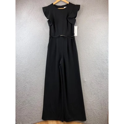 New Calvin Klein Black Flutter Sleeve Wide Leg Jumpsuit Dress Belted 4 - Image 1 of 4