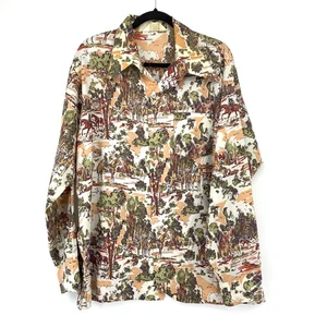 Vintage 70er Knopfleiste Hemd Langarm Herren Apx Gr. L/XL Outdoor Pferde Print  - Bild 1 von 5