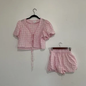 MABLE rosa bianco gingham check manica a sbuffo crop top pantaloncini set donna taglia S - Foto 1 di 6