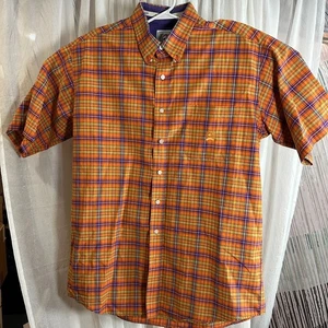 Cinch Short Sleeve Button Down Plaid Orange Purple Mens L Shirt Casual Cotton - Picture 1 of 13