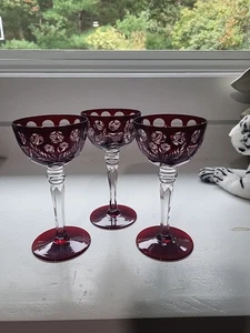 3 Set Vintage Bohemian Czech Hock Wine Glass Red Cut to Clear Crystal Stemware - Picture 1 of 11