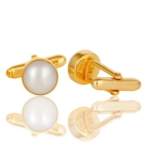 Natural Pearl Gemstone Yellow Gold Plated Men's Cufflinks For Wedding Wear - Picture 1 of 5