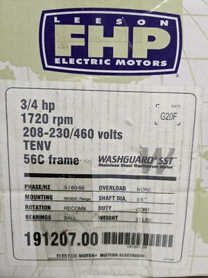 Leeson Washdown 3 Phase 3/4 HP Motor 191207.00 New - Image 1 of 3