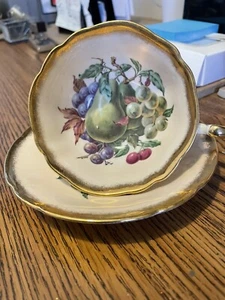 Vintage Paragon Fruit Orchard Tea Cup & Saucer Gold Gilt Pear Grapes Current - Picture 1 of 8