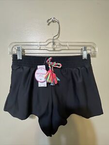 NWT Justice Girls Swim Shorts Size 10Black W/ Underlayer Bright Faux Drawstring