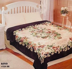 FLOWERS DARK BROW KOYO JAPANESE DESIGN BLANKET SOFTY THICK AND WARM QUEEN SIZE - Picture 1 of 1