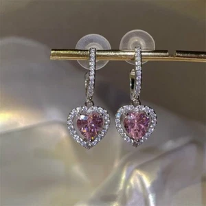 Pink Heart Stud Crystal Zircon 925 Silver Earrings Dangle Women Jewlery - Picture 1 of 8