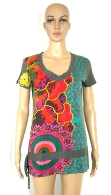 DESIGUAL Floral Multicolor Short Sleeve Tshirt Tunic Top Tie at Waist Wms S ***  - Image 1 of 4