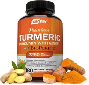 NutriFlair Turmeric Curcumin with Ginger and BioPerine Black Pepper Supplements - Picture 1 of 6