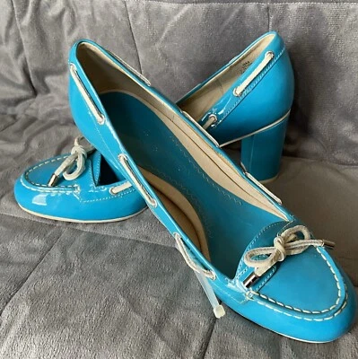 Sperry Jeffrey Top-Sider Turquoise & White 3" Block Heel Patent Leather Shoes 9M - Image 1 of 4