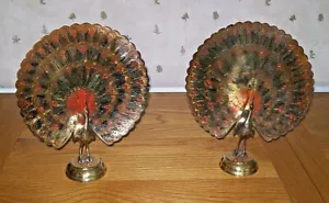 Pair Vintage Indian Brass with Painted Enamel Peacock Figures Removable Fan Tail - Picture 1 of 12