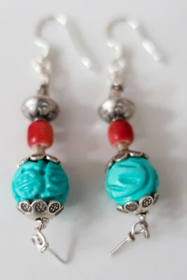 Sterling Silber Ohrringe Perlen Set IN Silber 4.5 CM Lang Türkis Blau/Rot, Neu - Bild 1 von 3