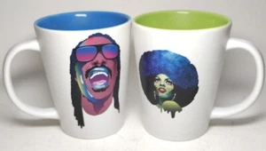 Stevie Wonder and Diana Ross Coffee Cup Mugs Retro Musical Art Blue and Green - Picture 1 of 8