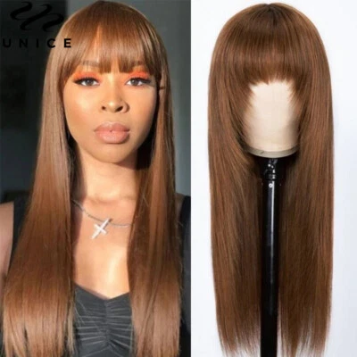 UNice Brazilian Ginger Brown Straight Human Hair Wig with Bangs Glueless Wear Go - Image 1 of 4