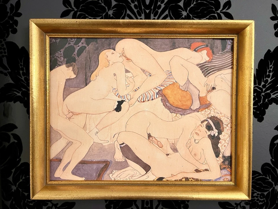 Kunstdruck des Expressionisten Willy Jaeckel „Die Orgie“ 1924 im gold Holzrahmen - Bild 1 von 3