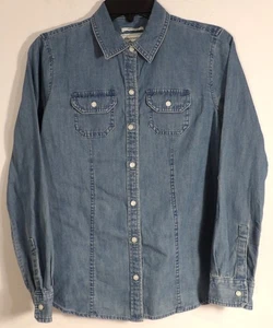 Charter Club Relaxed Fit Roll Tab Button Front Denim Shirt Blouse Size 4P I350 - Picture 1 of 4