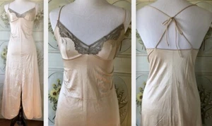 VTG USA NIGHT GOWN PEIGNOIR ECRU GRAY LACE NYLON TRICOT SPAGHETTI STRAP EUC 34 - Picture 1 of 11