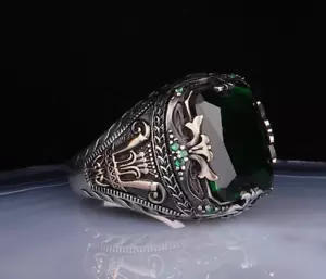 Emerald Stone 925 Sterling Silver Handmade Gift Mens Turkish Ring All Size 001 - Picture 1 of 3