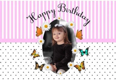 BUTTERFLY FLOWERS PINK BLACK WHITE PERSONALISED BIRTHDAY PARTY BANNER BACKDROP - Image 1 of 3