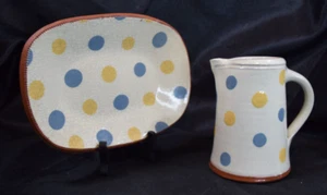 VTG Wisconsin Pottery Redware Blue Polka Dot Pitcher and Tray Signed J D Huntley - Picture 1 of 18