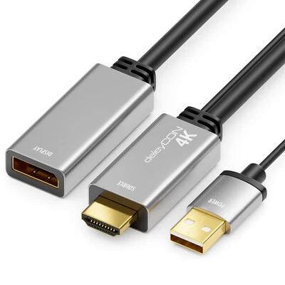 4K HDMI auf DisplayPort Adapter Kabel HDR 4K@60Hz ALU USB Stromversorgung DP 1.2 - Bild 1 von 4