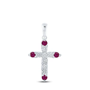 10K White Gold Womens Round Ruby Diamond Cross Pendant 1/4 Cttw - Picture 1 of 2