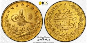 RARE 1906 TURKIYE OTTOMAN 100 Kurush Gold Coin PCGS AU55 KM-730 - Picture 1 of 3