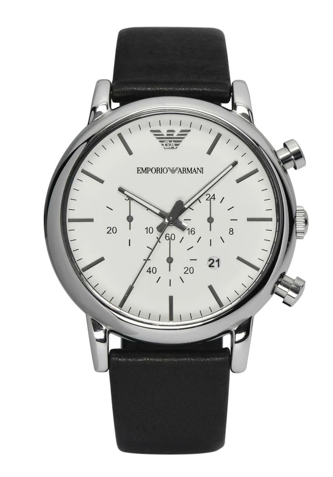 Emporio Armani Men's Chronograph White Dial Black Leather Watch AR1807