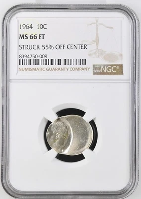 1964 ROOSEVELT DIME 90% SILVER MINT ERROR NGC MS66 FT FULL TORCH  55% OFF CENTER - Image 1 of 4