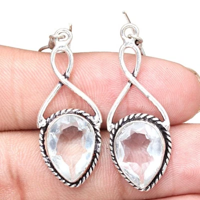 White Solar Quartz Gemstone Gift For Her Silver Jewelry Earrings 1.75" - Image 1 of 4